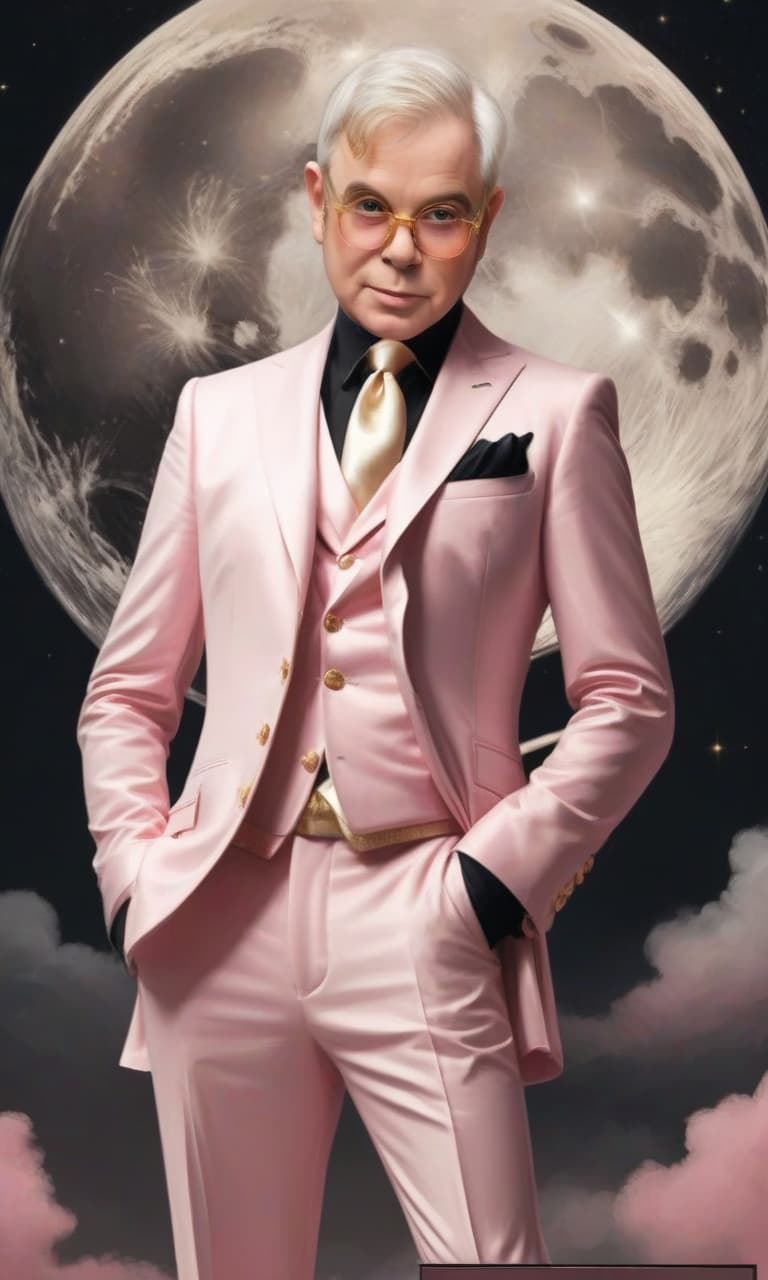  concept art pink, gold, black, white elton john's bright pink suit . digital artwork, illustrative, painterly, matte painting, highly detailed, perfect hands