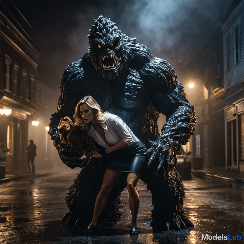  the tar monster holding daphne in his gooey grasp. hyperrealistic, full body, detailed clothing, highly detailed, cinematic lighting, stunningly beautiful, intricate, sharp focus, f/1. 8, 85mm, (centered image composition), (professionally color graded), ((bright soft diffused light)), volumetric fog, trending on instagram, trending on tumblr, HDR 4K, 8K