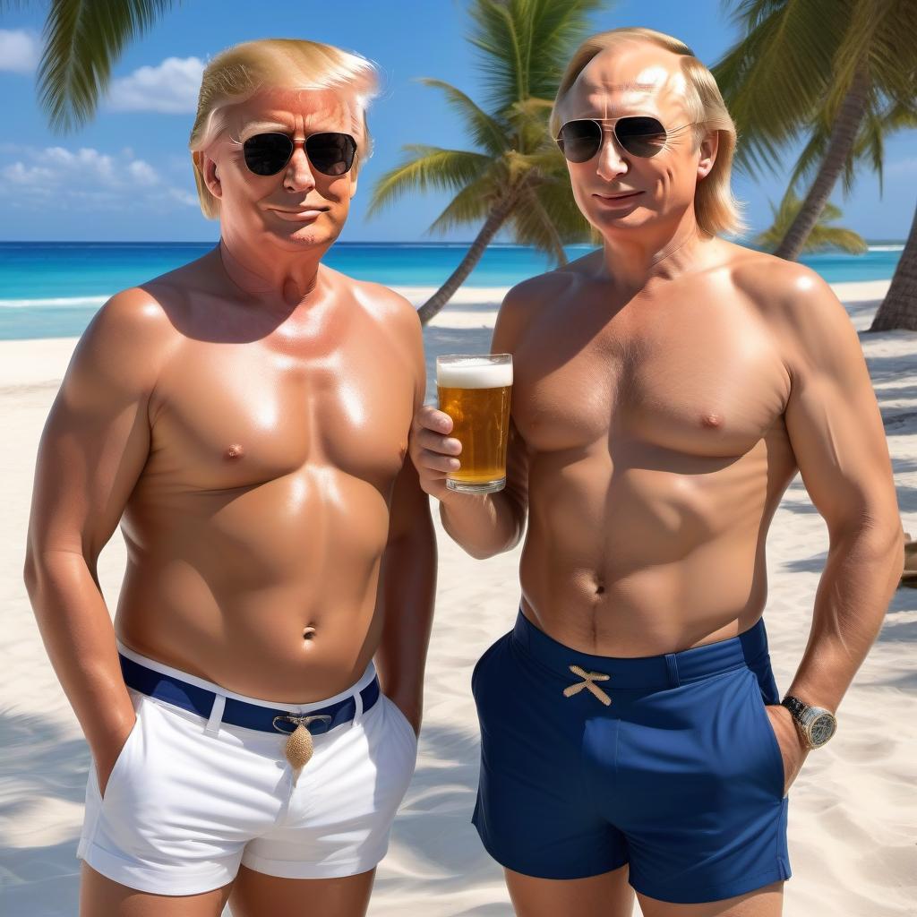  Donald Trump and Vladimir Putin on vacation by the sea, on sun beds, in shirts and shorts , a mug of beer in hand, sand , crabs , shells , starfish , palm trees, very beautiful nature, high detail, quality 50000K