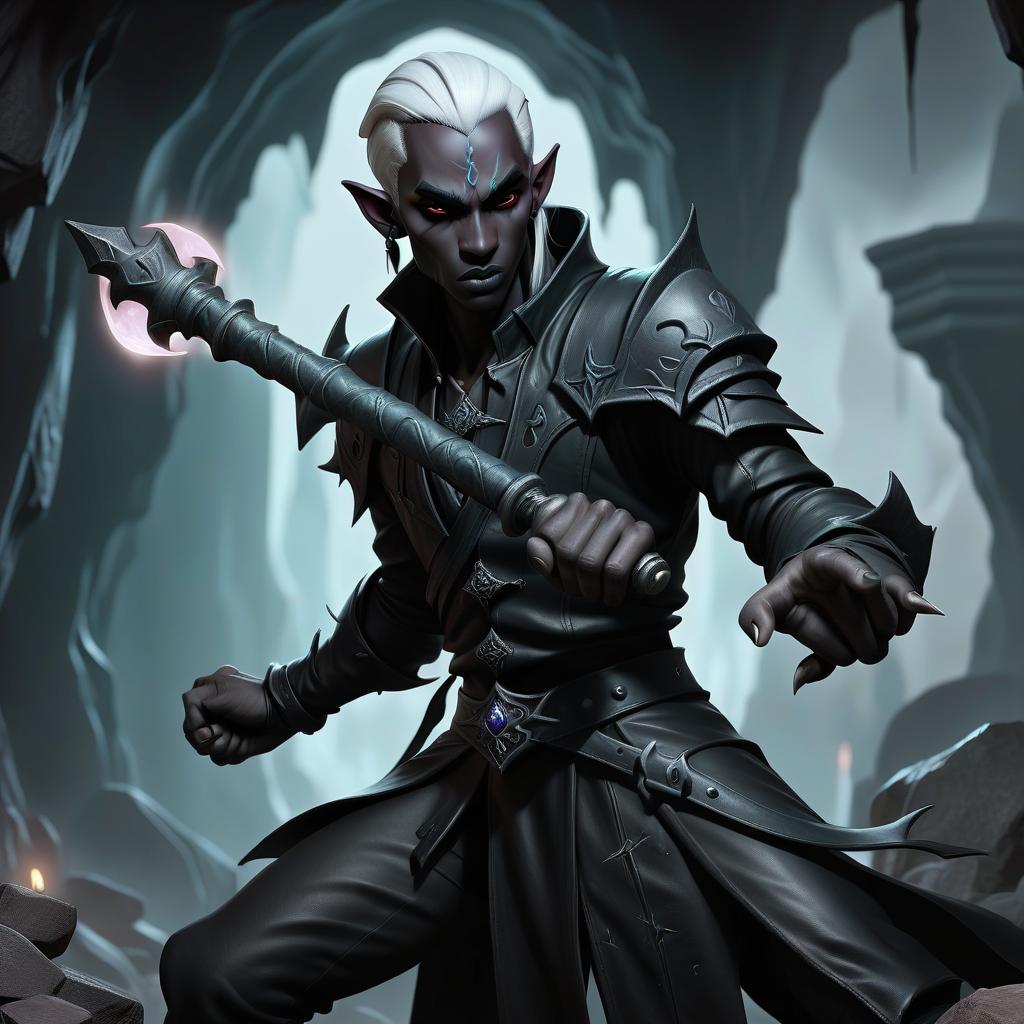  macabre style drow male elf cleric, simble plain black leather jacket, simple iron battle mace, dark cave temple . dark, gothic, grim, haunting, highly detailed, civitai, hkmagic