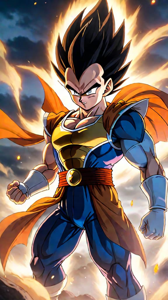  anime art: vegeta from dragon ball as god of destruction, mastering hakai energy after training with whis. hyperrealistic, full body, detailed clothing, highly detailed, cinematic lighting, stunningly beautiful, intricate, sharp focus, f/1. 8, 85mm, (centered image composition), (professionally color graded), ((bright soft diffused light)), volumetric fog, trending on instagram, trending on tumblr, HDR 4K, 8K