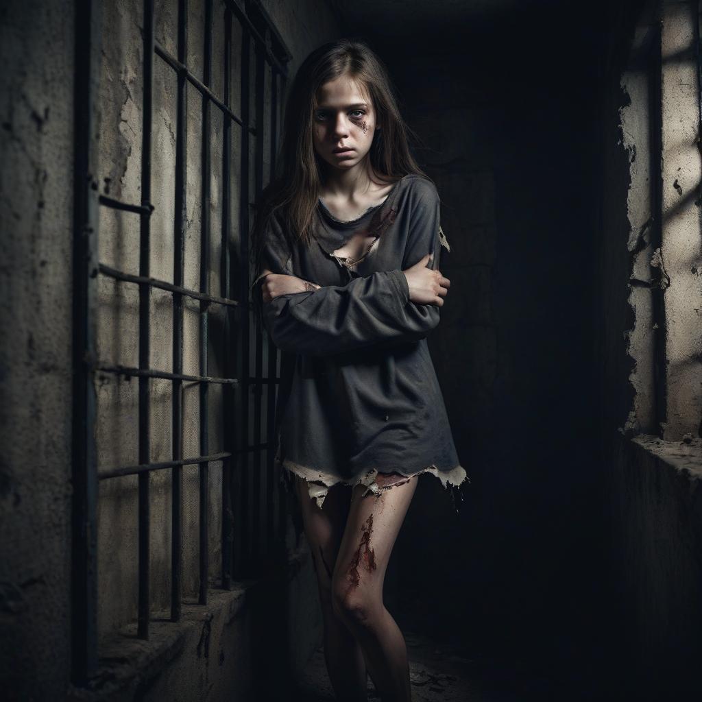  realistic full length photograph of a girl in a dark prison cell. torn clothes.