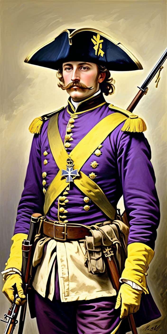  an ancient portrait of a military musketeer from the 1880s. purple uniform with yellow elements, yellow german cross on his chest and musket hanging from behind on his back. style: drawing in oil of the 19th century by a professional artist with all the details.