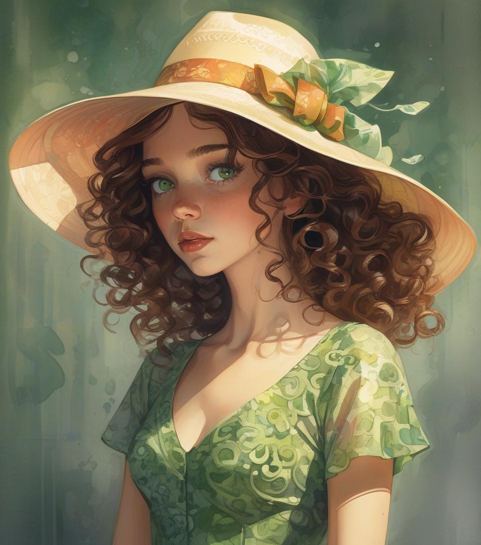  concept art highly detailed, curly brown hair, green eyes, hat, printed dress, vivid colors, watercolor portrait, dramatic light, realistic, by alyssa monks, afarin sajedi, brian kesinger, thomas kinkade, pascal campion, craola. . digital artwork, illustrative, painterly, matte painting, highly detailed