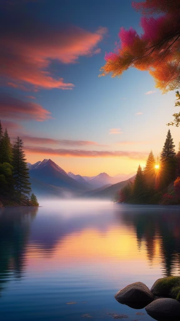  a breathtaking sunrise over a serene mountain lake, with vibrant colors reflecting off the water and mist gently rising