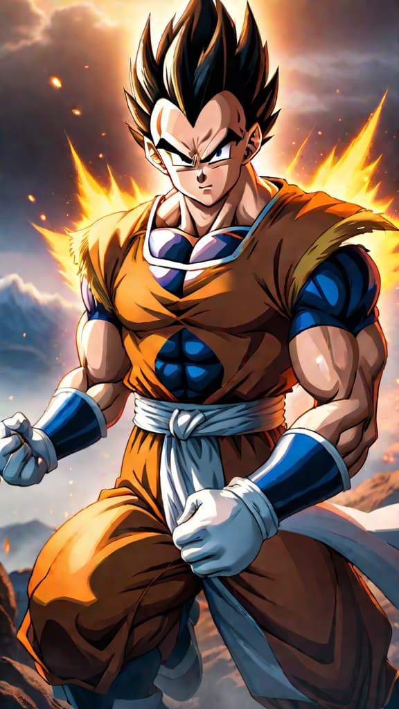  anime art: vegeta's pride wounded by constant defeat, overshadowed by goku during majin buu saga. hyperrealistic, full body, detailed clothing, highly detailed, cinematic lighting, stunningly beautiful, intricate, sharp focus, f/1. 8, 85mm, (centered image composition), (professionally color graded), ((bright soft diffused light)), volumetric fog, trending on instagram, trending on tumblr, HDR 4K, 8K