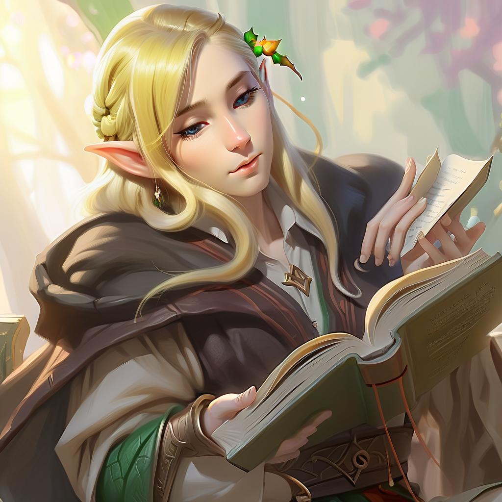  blond hair elf reading a book, hkmagic, perfecteyes, perfect hands