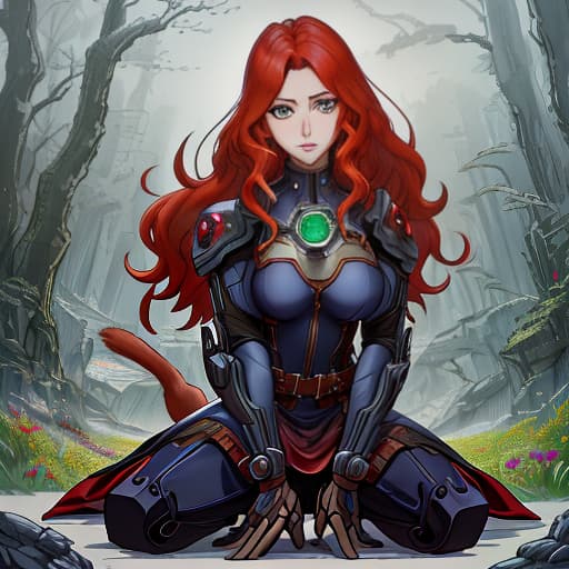  "Paint, in the watercolor style, a in Iron Man's armor. Her hair is red and wavy, her emerald eyes have a frame, there are buckles on her nose and cheeks. She's kneeling on a meadow with flowers, petting a white cat. She holds a helmet under her chin. A short, cyberpunk mechanic in the world of steampunk, Mysterious symbols, runes, dark theme, Perfect composition, golden ratio, masterpiece, highest quality, 4k, sharp focus.", Manga big eyes expressive faces colorful hair Hayao Miyazaki Masashi Kishimoto Makoto Shinkai CLAMP Yoshiyuki Sadamoto hyperrealistic, full body, detailed clothing, highly detailed, cinematic lighting, stunningly beautiful, intricate, sharp focus, f/1. 8, 85mm, (centered image composition), (professionally color graded), ((bright soft diffused light)), volumetric fog, trending on instagram, trending on tumblr, HDR 4K, 8K