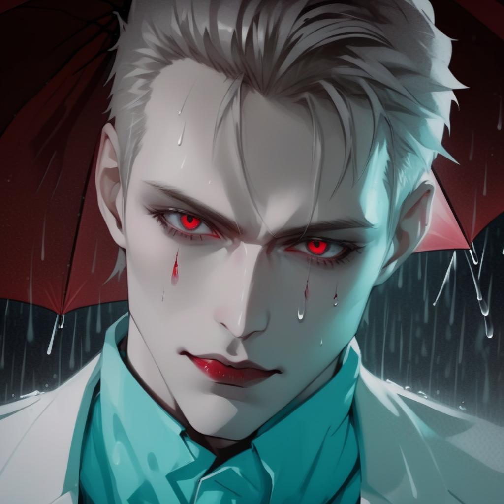  manga style man. vampire. pale skin. beautiful eyes. in a white jacket. under a red umbrella. rain. . vibrant, high energy, detailed, iconic, japanese comic style