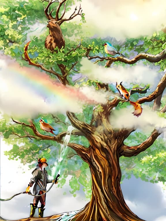  A very large tree: the crown in the haze and clouds. The tree's crown is an entire world: different birds, squirrels. The crown extends beyond the edges of the drawing. Below a waters the tree with a stream of water, the drops form a rainbow, the is 20 year, in trousers and rubber boots, standing sideways, in her hands is a watering can and she beats a stream of water with it upward, Bill Alexander style oil painting using on technique, impasto heavy brush strokes, detailed. hyperrealistic, full body, detailed clothing, highly detailed, cinematic lighting, stunningly beautiful, intricate, sharp focus, f/1. 8, 85mm, (centered image composition), (professionally color graded), ((bright soft diffused light)), volumetric fog, trending on instagram, trending on tumblr, HDR 4K, 8K