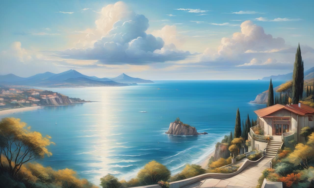  masterpiece of painting, oil painting, fine brush, view from a high hill onto a wide sea bay. in the foreground a beautiful modern villa in a futuristic style with large floor to ceiling windows with a high gable tiled roof on the seashore, a small beach, a boat near a small pier, many big trees, in the background are a rocky mountainous mediterranean shore of the sea, blue sky, heap clouds above the sea, sunny day. scene in dynamics. high details, high quality image, color illustration style.