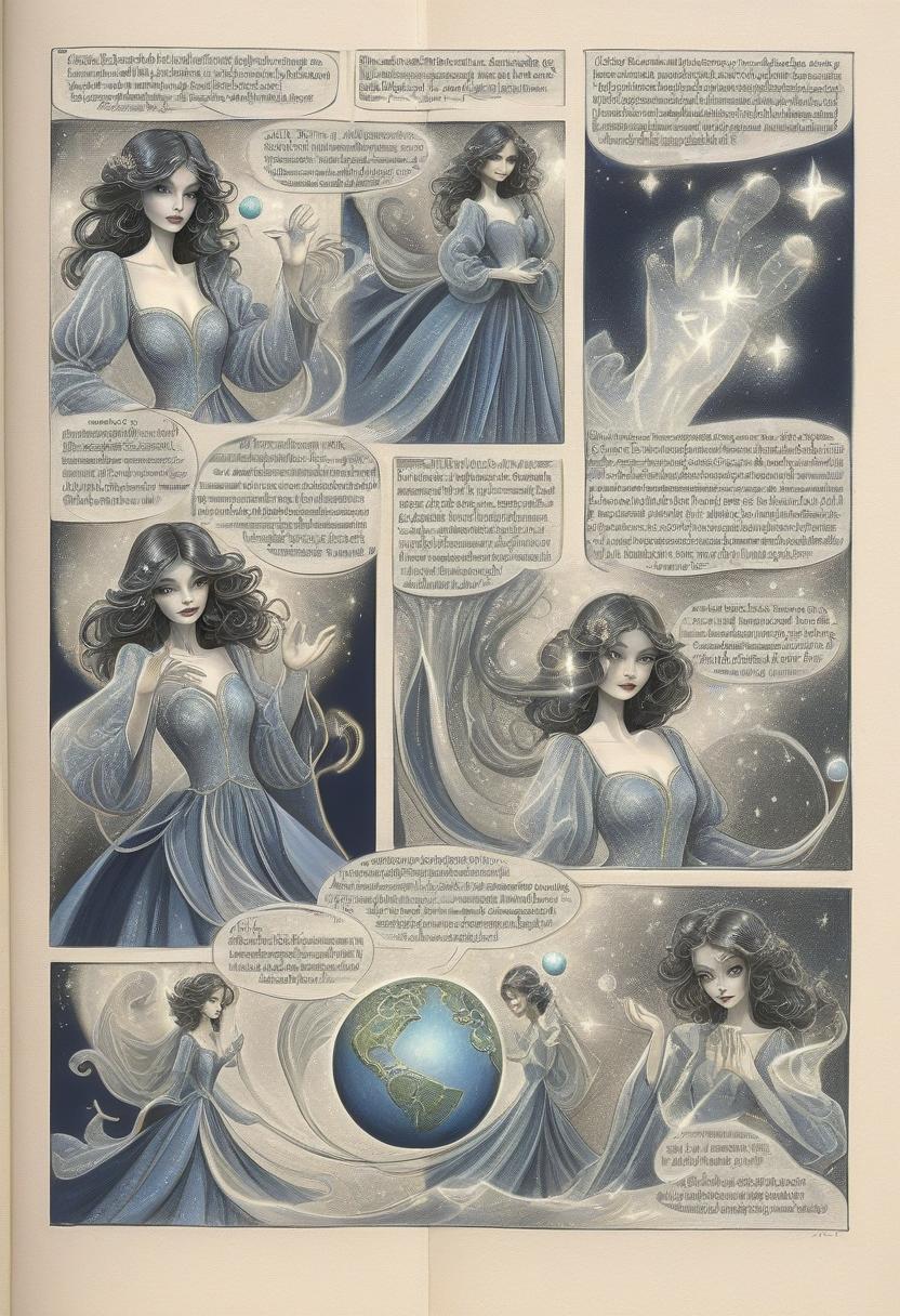  fairy tale enchantress in dark blue shimmering evening dress with airy long sleeves holding a small planet. her dark wavy hair is loose. photorealism. looking directly into the camera. . magical, fantastical, enchanting, storybook style, highly detailed, hkmagic, perfect hands