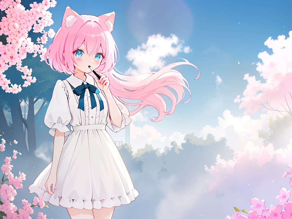  cat ears, bob hair, pink hair, eyes color blue, cute, single, cigarettes, smoking, masterpiece, best quality,8k,ultra detailed,high resolution,an extremely delicate and beautiful,hyper detail hyperrealistic, full body, detailed clothing, highly detailed, cinematic lighting, stunningly beautiful, intricate, sharp focus, f/1. 8, 85mm, (centered image composition), (professionally color graded), ((bright soft diffused light)), volumetric fog, trending on instagram, trending on tumblr, HDR 4K, 8K