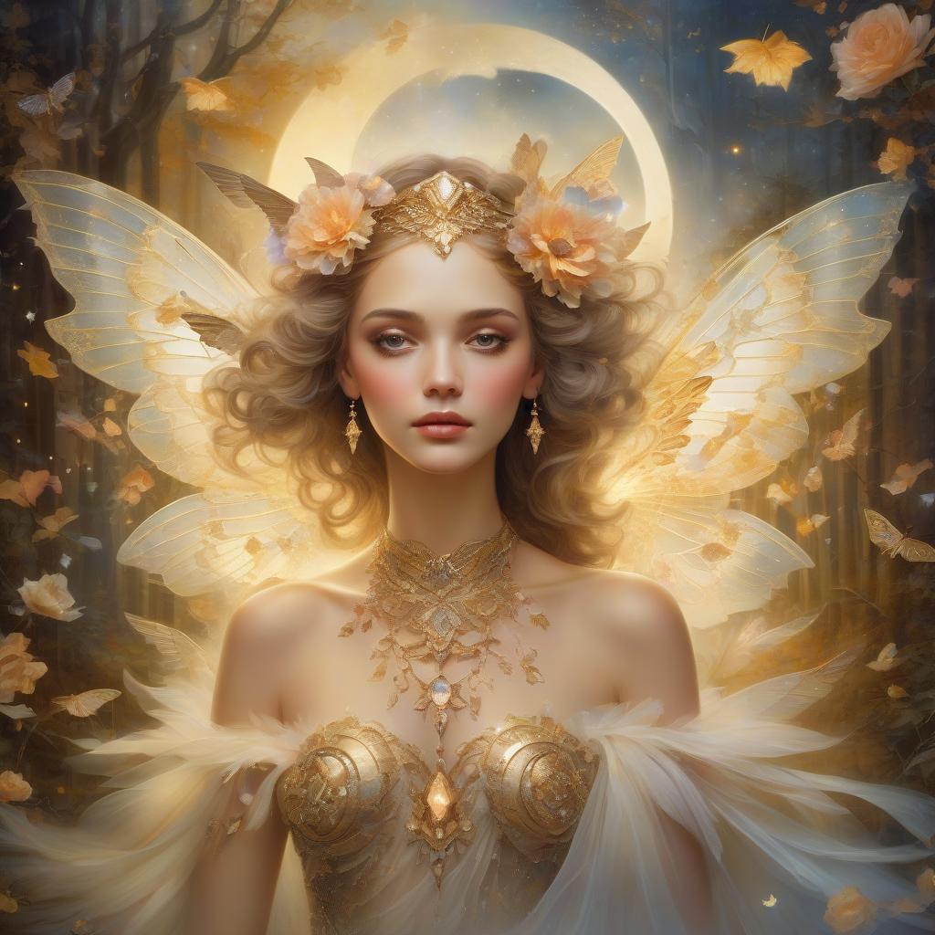  art deco style ethereal fantasy. close up portrait. a woman in floral jewelry and delicate, shining fantasy wings, among a swirling, shimmering flock of moths against a soft, moonlit golden woodland landscape. ethereal fantasy super destroyed fog by thomas kinkade . geometric shapes, bold colors, luxurious, elegant, decorative, symmetrical, ornate, detailed