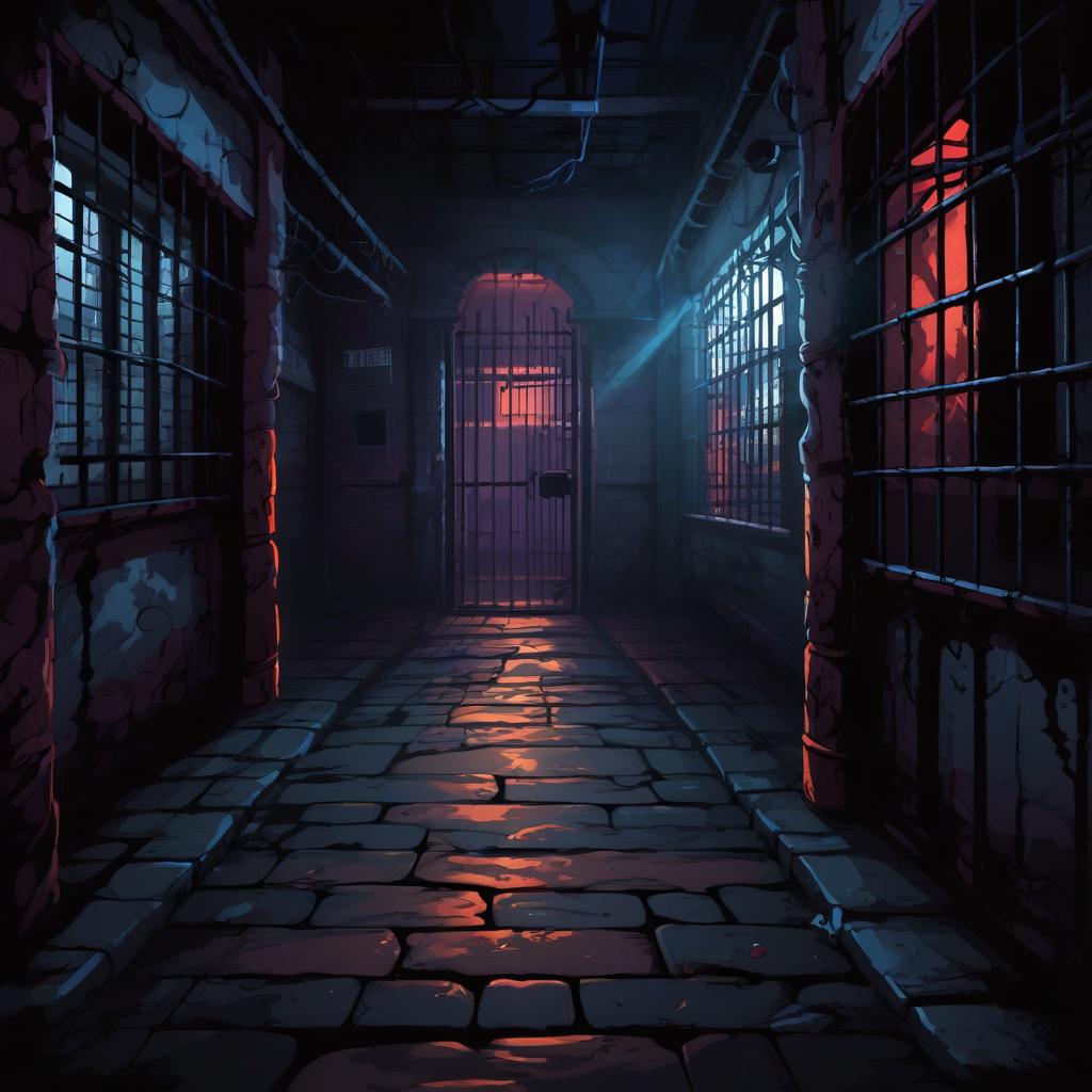  street fighter style dark, empty prison cell . vibrant, dynamic, arcade, 2d fighting game, highly detailed, reminiscent of street fighter series