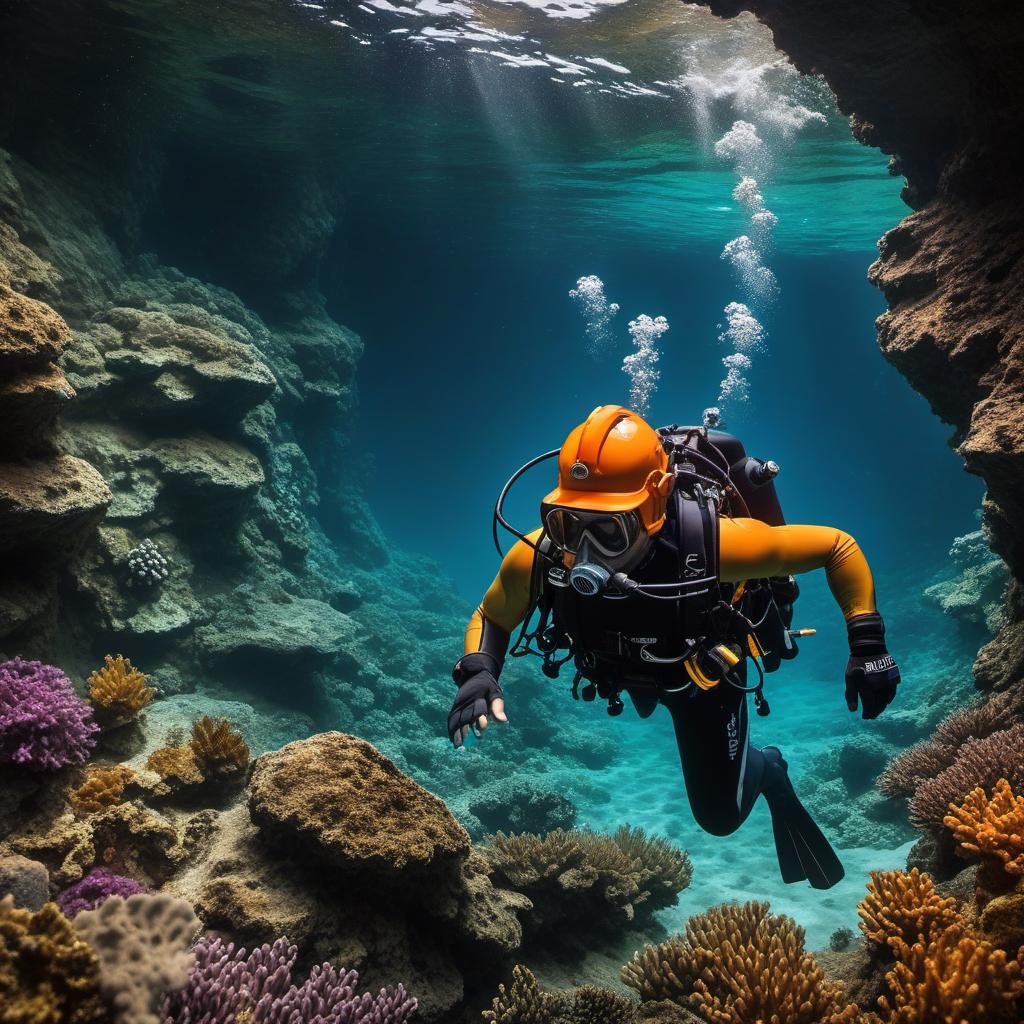  jb name, male, rebreather diver, thick loops, helmet in orange, cave diver, underwater, face view diver, fresh water, shoulder view, jb, mythological style