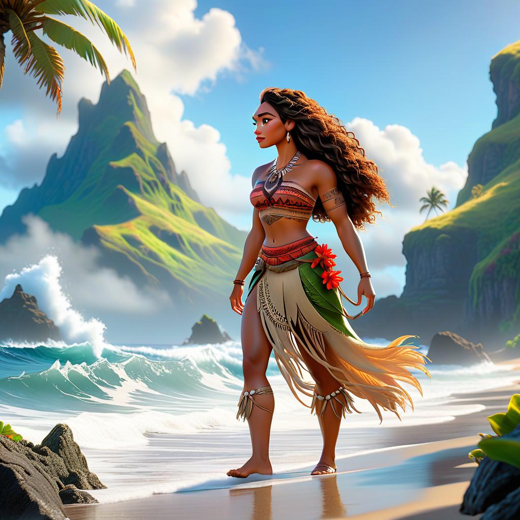  concept art moana walks by the sea. . digital artwork, illustrative, painterly, matte painting, highly detailed hyperrealistic, full body, detailed clothing, highly detailed, cinematic lighting, stunningly beautiful, intricate, sharp focus, f/1. 8, 85mm, (centered image composition), (professionally color graded), ((bright soft diffused light)), volumetric fog, trending on instagram, trending on tumblr, HDR 4K, 8K