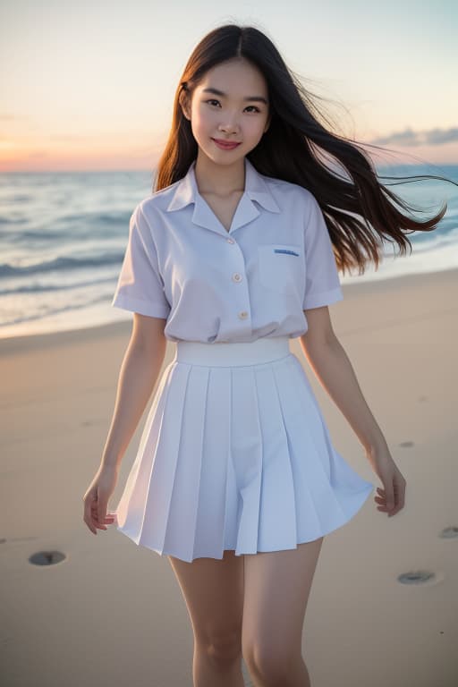  photo of a cute standing on the beach with the sea as the background. she wears a colorful and smiles at the sunlight. the wind blows through her hair, and the waves crash against the shore., ((mathayom uniform)),black pleated ,white shirt short sleeves,the photograph has a cinematic quality to it, with dramatic lighting that emphasizes the beauty of the model advertising photo,high quality, good proportion, masterpiece , the image is captured with an 8k camera