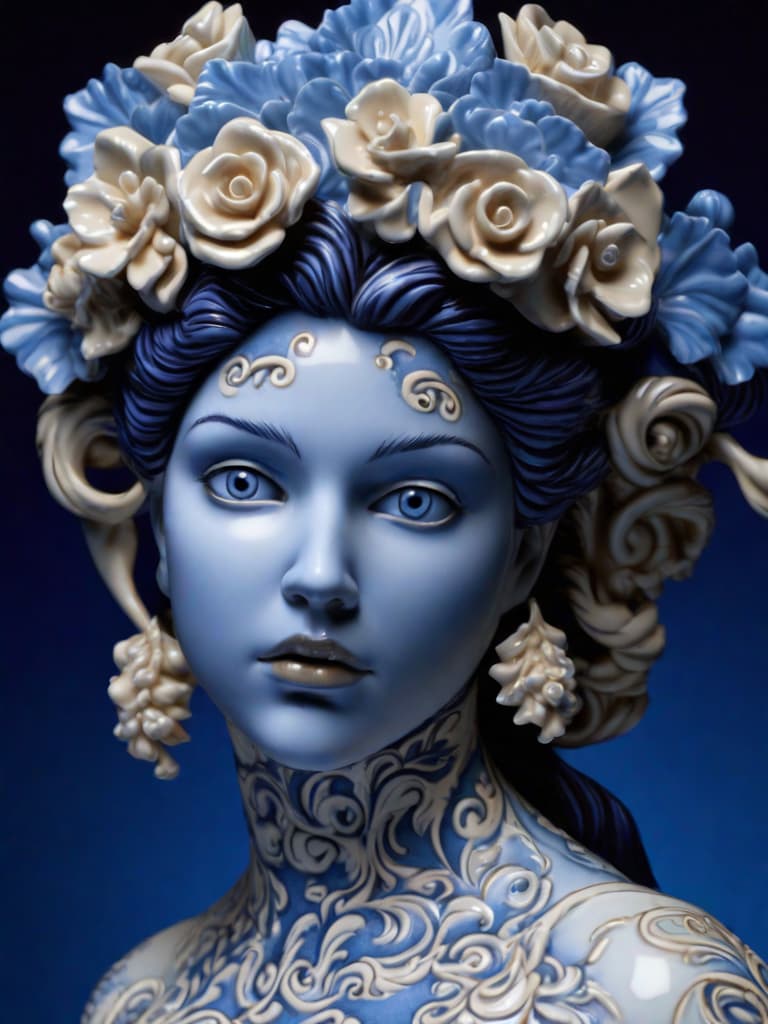  Close-up porcelain female figurine, looking to the camera, glossy surface, glaze, shiny, blue floral tattoos on her, dark gradient background, baroque dark style, hyperrealistic, CG society, intricate details