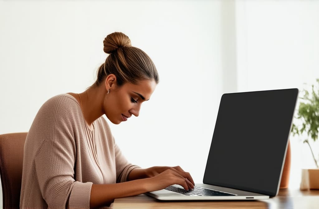  professional detailed photography, girl with a bun on her head works on a laptop in a bright room, good lighting ar 3:2, (muted colors, dim colors, soothing tones), (vsco:0.3)