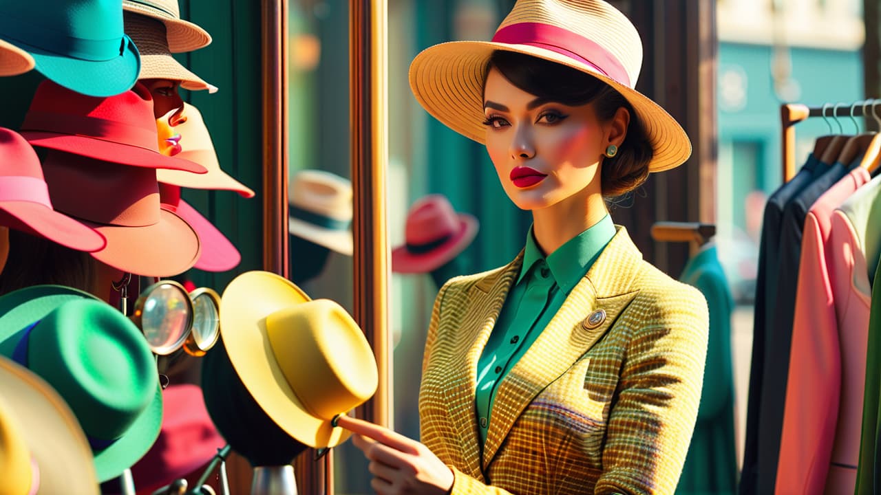  a sunlit vintage clothing shop displaying colorful garments, a magnifying glass examining intricate tags, a measuring tape beside a stylish hat, and a vintage mirror reflecting a trendy outfit, evoking nostalgia and curiosity. hyperrealistic, full body, detailed clothing, highly detailed, cinematic lighting, stunningly beautiful, intricate, sharp focus, f/1. 8, 85mm, (centered image composition), (professionally color graded), ((bright soft diffused light)), volumetric fog, trending on instagram, trending on tumblr, HDR 4K, 8K