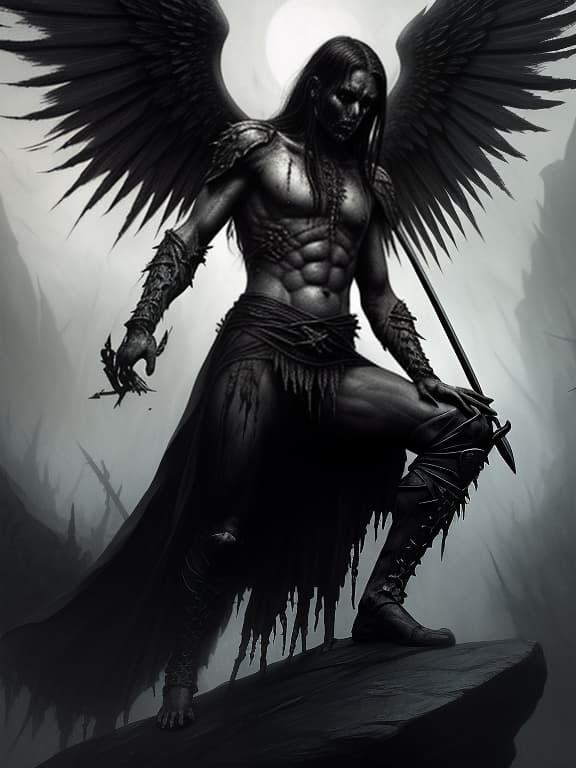  kneeling lucifer, with ragged wings, with white skin, in black armor, in a black crown, with black obsidian eyes, looks up, fiery tears flow from his eyes, stands on a rock in the middle of a gray wasteland, looks into the fiery sky, in front of him is a broken spear., dark , creepy , blood , monsters , by jason engle , carlos huante , charlie bowater , simon lee , brom