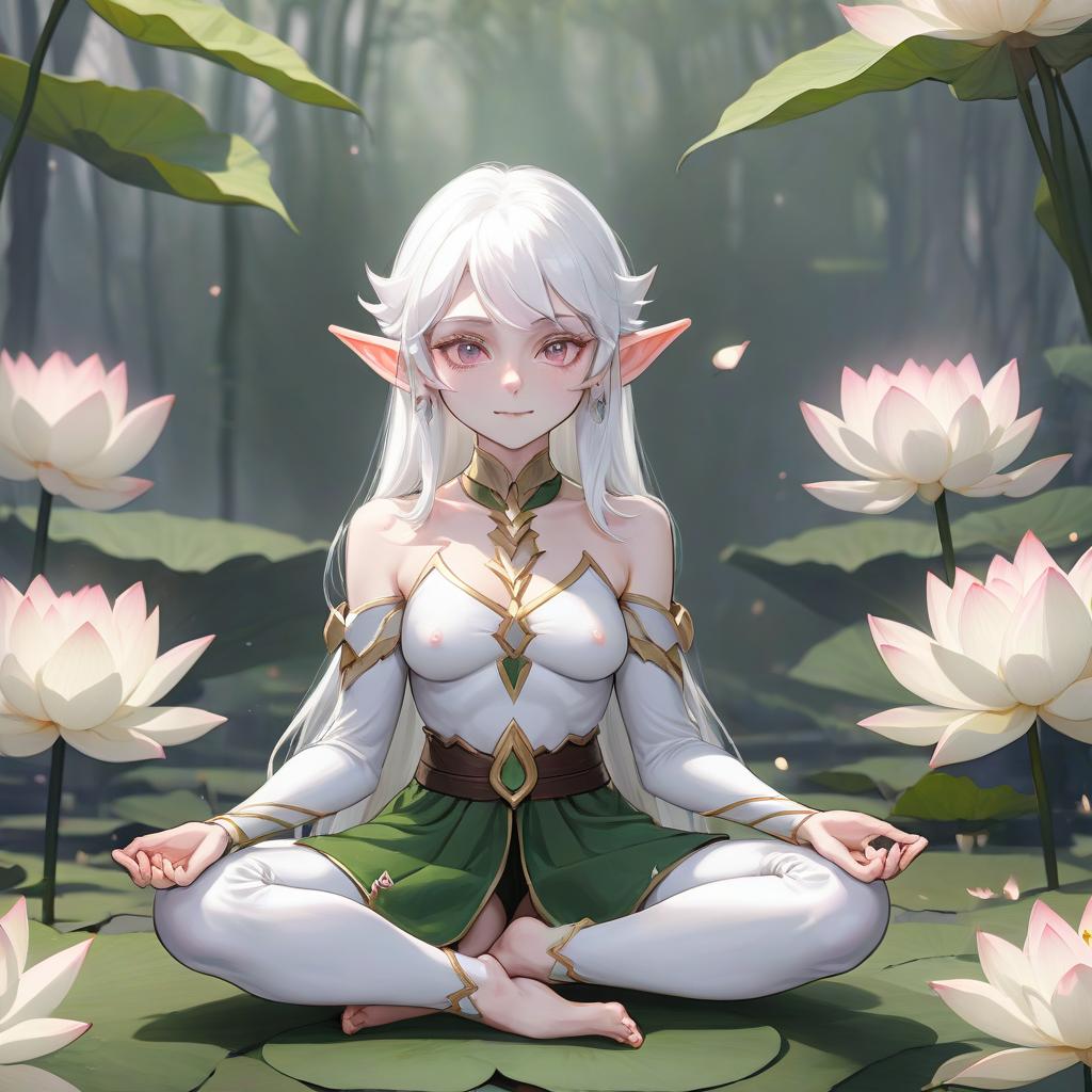  white haired elf sitting in lotus position