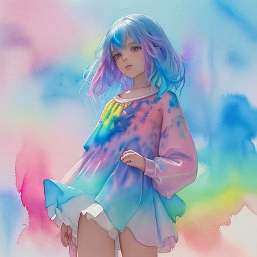  best quality,(masterpiece:1.3),ultra detailed,1girl,abstract watercolor painting of a little girl,(cowboy shot),scales,rainbow colors :1,colorful hair,blue and pink tone colors,abstract watercolor painting of cartoon clouds with emoji,rainbow colors,gradien