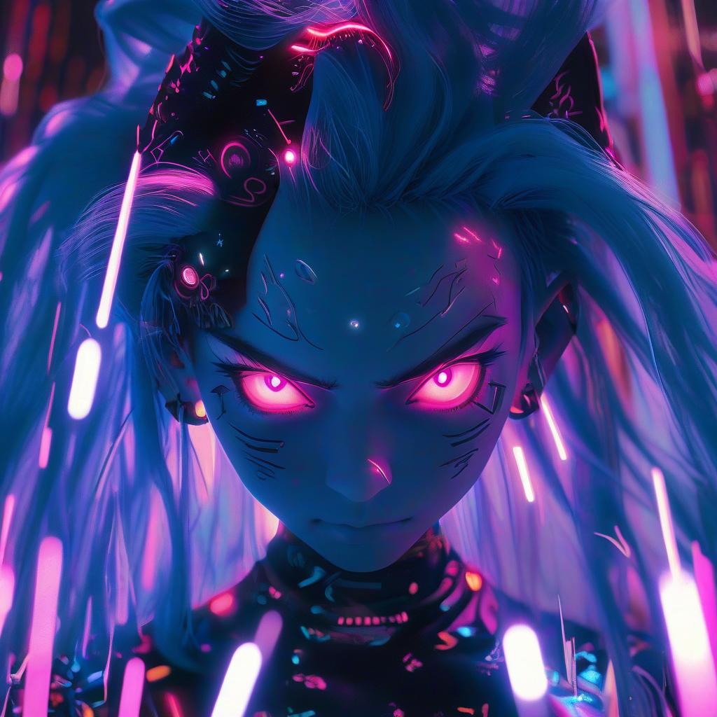  a close up of a person with blue hair, metal cat ears and glowing eyes, anime picture, deep crimson and dark shadows, perfect female body silhouette, bitcoin evil, ((pink)), style of madhouse anime, portrait of evil girl, it is night, looming head, glowneon