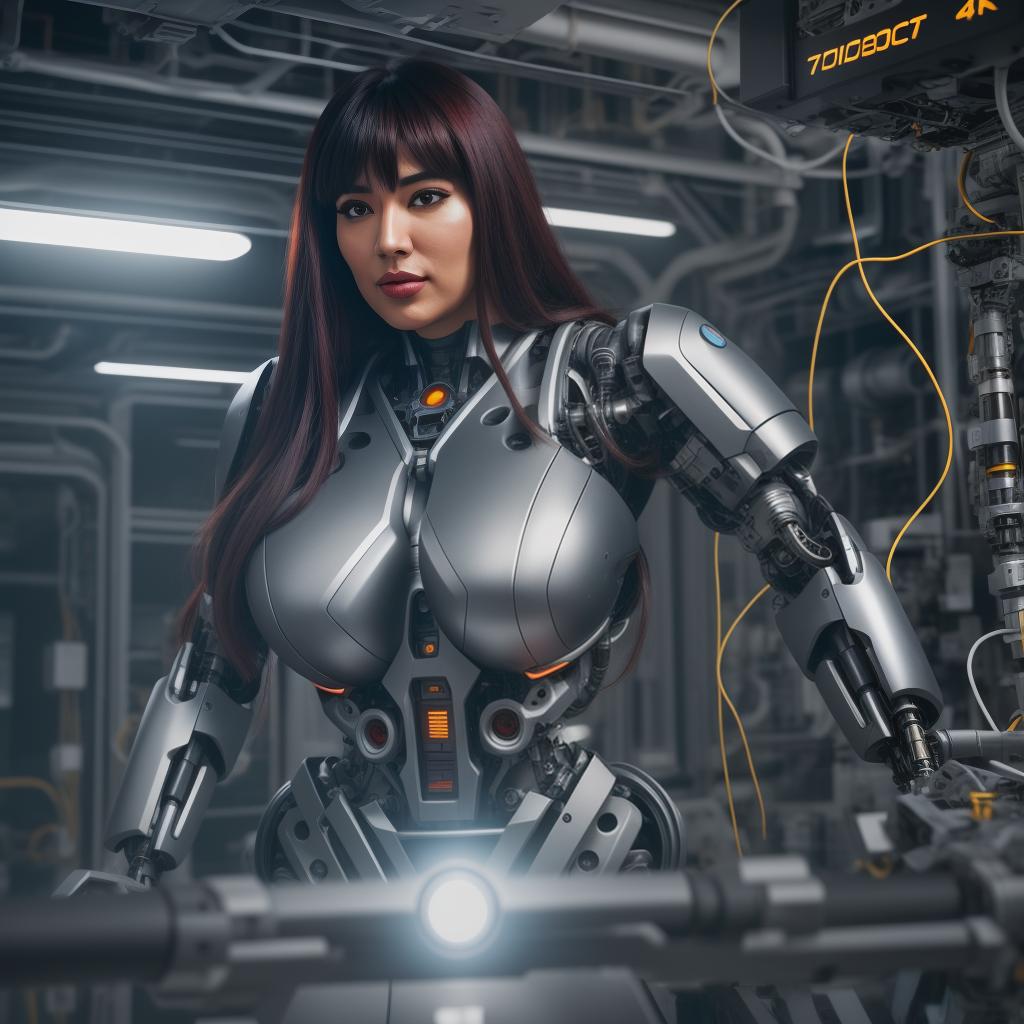  A cyborg obese woman with long hair and bangs, robotic arms and legs, exposed components and wiring, brightly lit laboratory background, full body photo looking into the camera hyperrealistic, full body, detailed clothing, highly detailed, cinematic lighting, stunningly beautiful, intricate, sharp focus, f/1. 8, 85mm, (centered image composition), (professionally color graded), ((bright soft diffused light)), volumetric fog, trending on instagram, trending on tumblr, HDR 4K, 8K