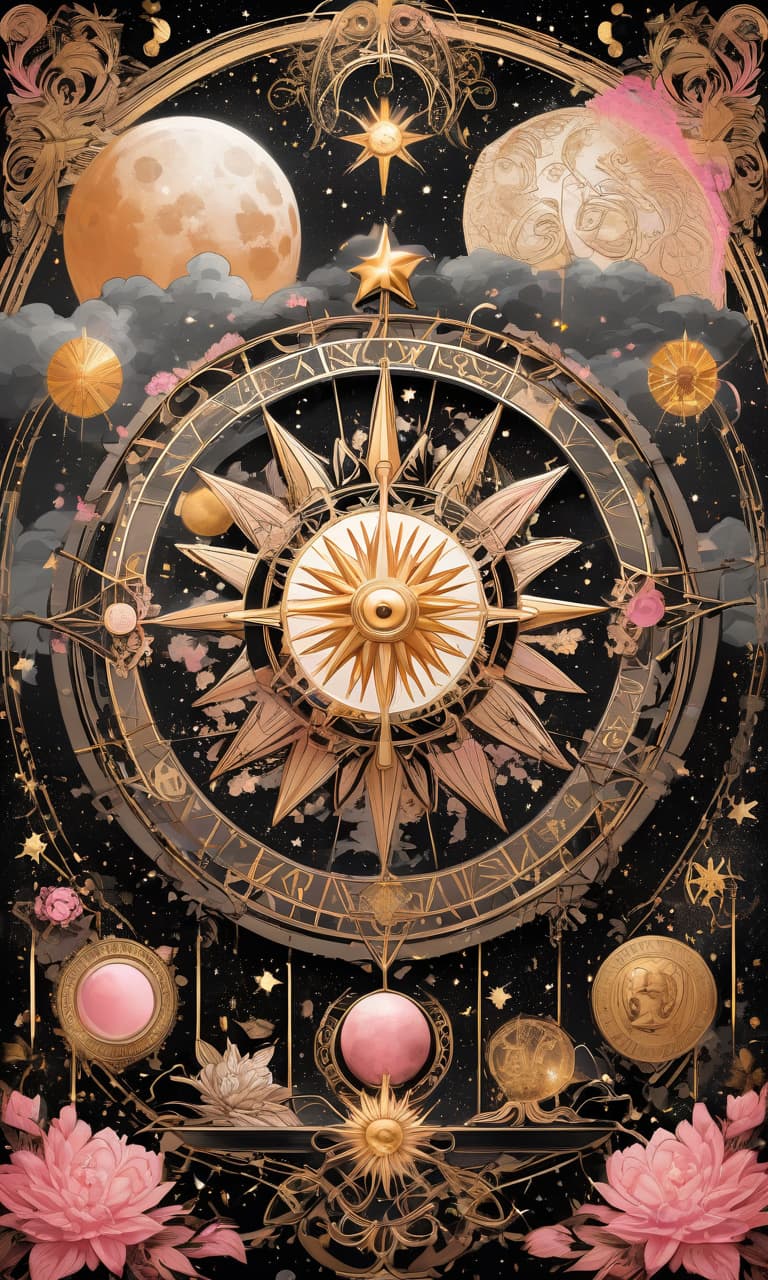  concept art pink, gold, black, white tarot wheel of fortune everywhere stars, moon, sun . digital artwork, illustrative, painterly, matte painting, highly detailed, perfect hands