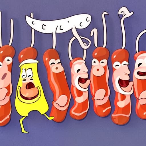  A group of funny line drawing characters of a sausages wrapped in bacon with legs and a smile dancing.