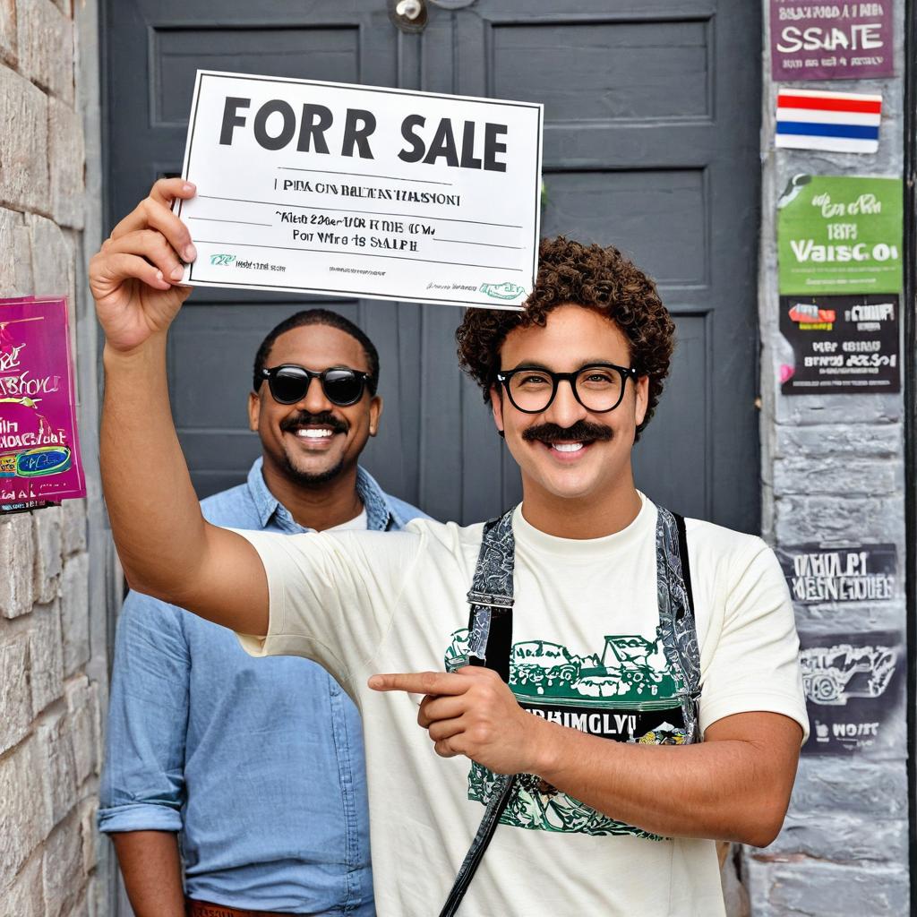  short white guy with a mustache, glasses, curly hair, smiling and holding up a for sale sign