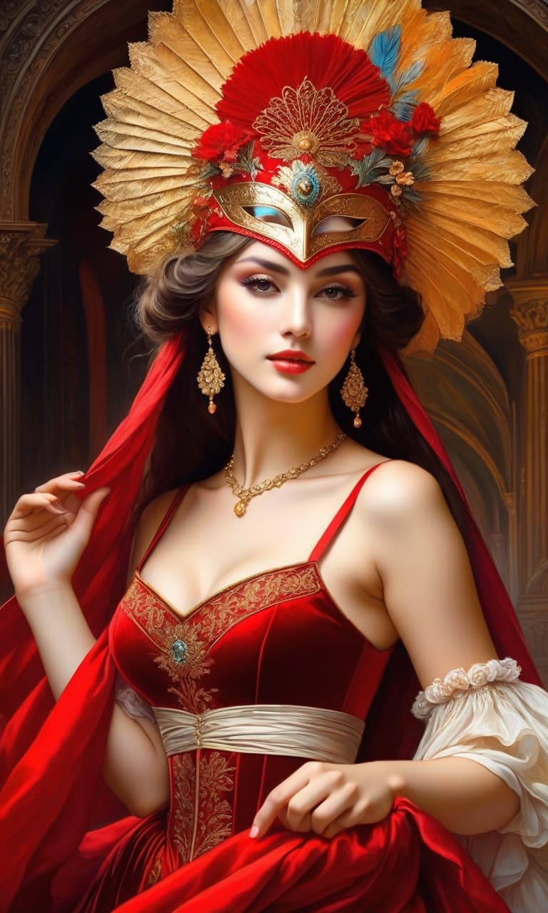  (oil painting: 1.5, masterpiece: 1.7, digital art: 1.4).painting, ((man and woman dancing at a ball dressed in renaissance style: 1.5), (venetian masquerade mask on the face of the woman and the man: 1.6)) (woman in red velvet dress with embroidery). style: dark fantasy, surrealism, atmosphere full of mystery, magic and mysticism. in the manner of claude monet, van gogh, sabbas aptheros, alfonso mucha, carol buck, andrew jones, yutaka kagai, fragonard. high detail. high quality 16k, hdr