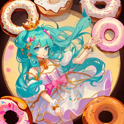  a donut princess, a doughnut like rim in her hair, ornaments in her hair in the form of donuts, with one hand slightly shows a donut, a style close to the original image