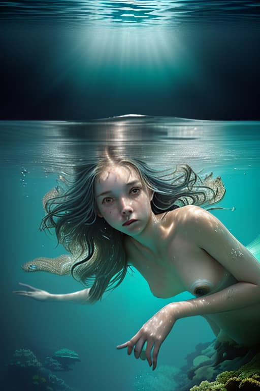  a beautiful swims under water, her hair flutters in water, near algae and fish, a looks at the camera, she is stripped, painting, acrylic., smooth , warm , cozy , by chris burkard , alex strohl , elia locardi , benjamin hardman , lauren 