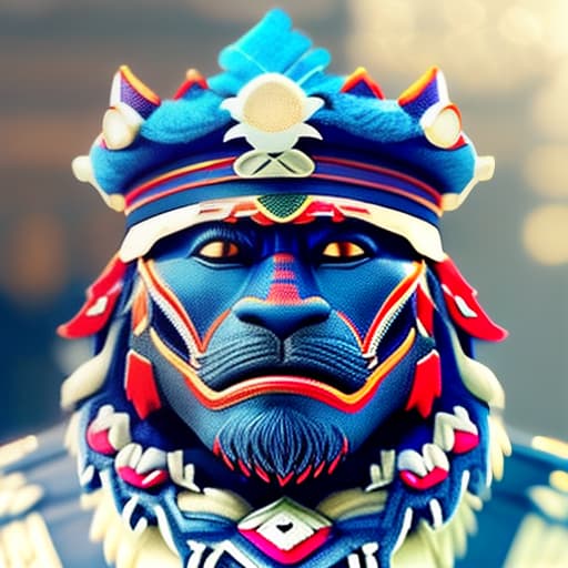 wa-vy style Portrait photo of a asia old warrior chief, tribal panther make up, blue on red, side profile, looking away, serious eyes, 50mm portrait photography, hard rim lighting photography hyperrealistic, full body, detailed clothing, highly detailed, cinematic lighting, stunningly beautiful, intricate, sharp focus, f/1. 8, 85mm, (centered image composition), (professionally color graded), ((bright soft diffused light)), volumetric fog, trending on instagram, trending on tumblr, HDR 4K, 8K