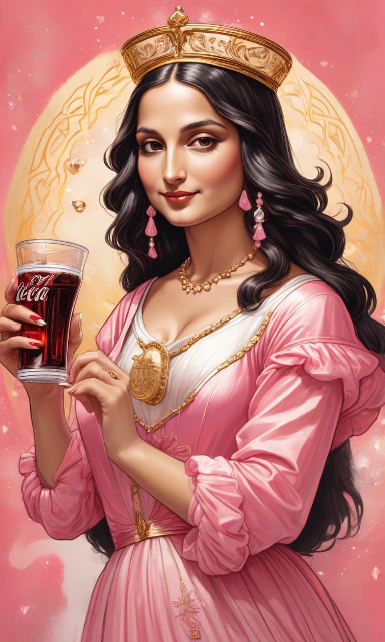  concept art tarot color pink, white, black, gold mona lisa in a dress with crystals, holding a cup with a coca cola straw in her hands hold out . digital artwork, illustrative, painterly, matte painting, highly detailed, perfect hands