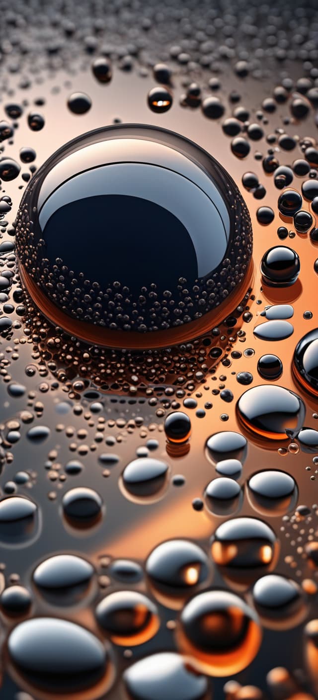  water droplets are spread out on the floor and dark background, in the style of filip hodas, dark navy and orange, chrome reflections, josh adamski, harmonious color schemes, modern jewelry, uhd image