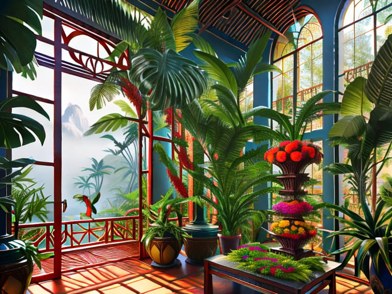  Tropical style gym interior. Parrots and monkeys sit on sports equipment. Zebras and leopards walk around. Lianas and tropical flowers grow along the walls, scenic, natural, majestic, by Ansel Adams, Galen Rowell, David Muench, Frans Lanting, Peter Lik hyperrealistic, full body, detailed clothing, highly detailed, cinematic lighting, stunningly beautiful, intricate, sharp focus, f/1. 8, 85mm, (centered image composition), (professionally color graded), ((bright soft diffused light)), volumetric fog, trending on instagram, trending on tumblr, HDR 4K, 8K