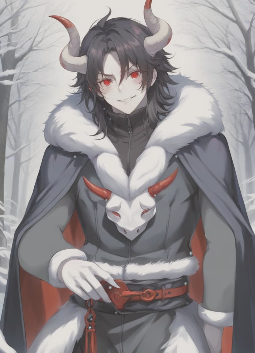  anime artwork man demon, red horns, red eyes, black long hair, winter clothes . anime style, key visual, vibrant, studio anime, highly detailed