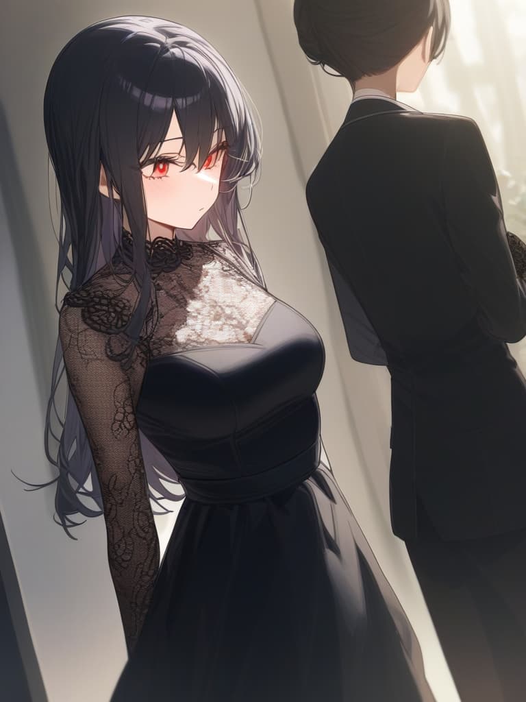  masterpiece,1girl,black hair,red eyes,long hair,slender,black dress,dress head,lace gloves,black lace,