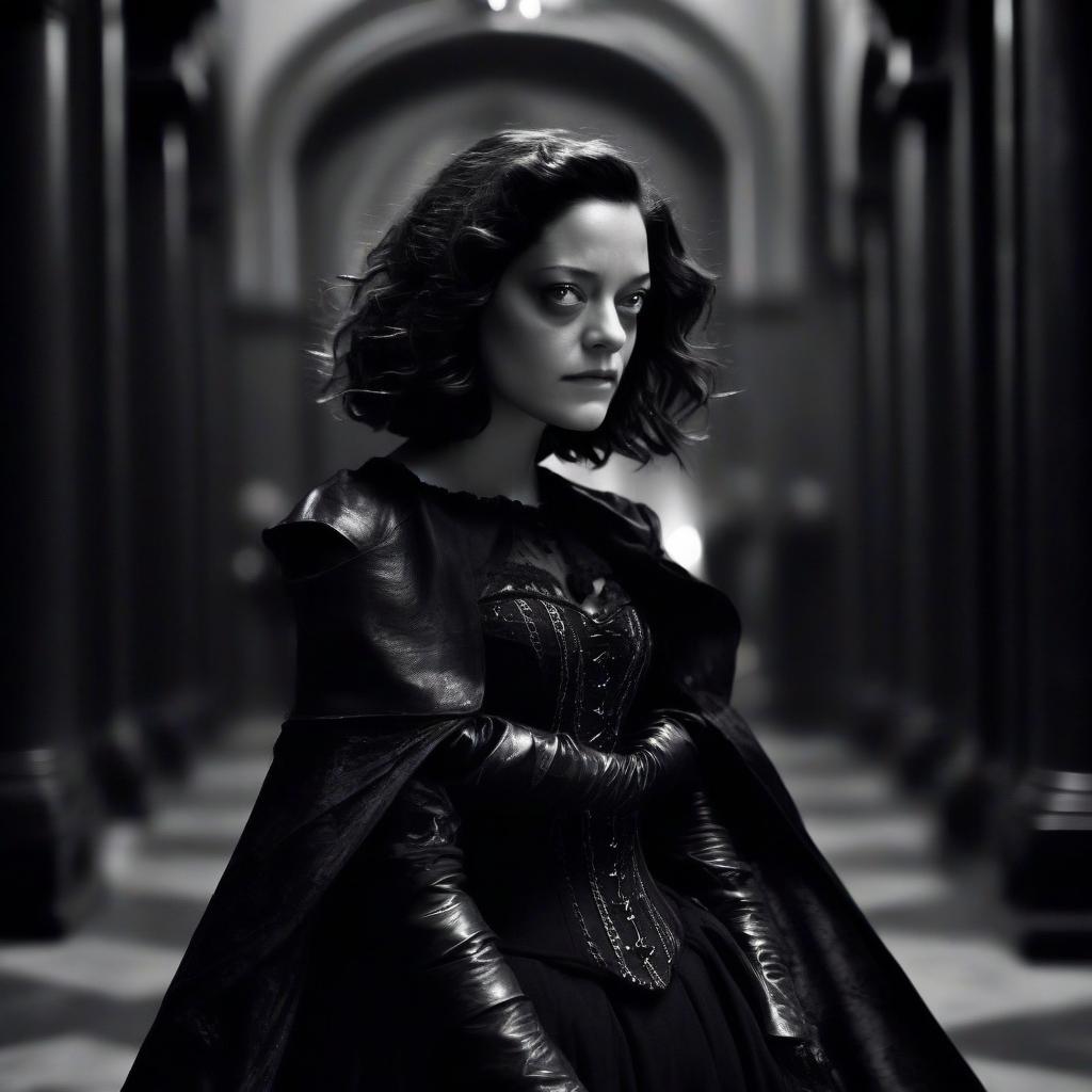  macabre style marion cotillard is a thief fighter in a black and white corset and cloak, with leather elbows, standing in full height in a dark hall. . dark, gothic, grim, haunting, highly detailed, perfecteyes, perfect hands