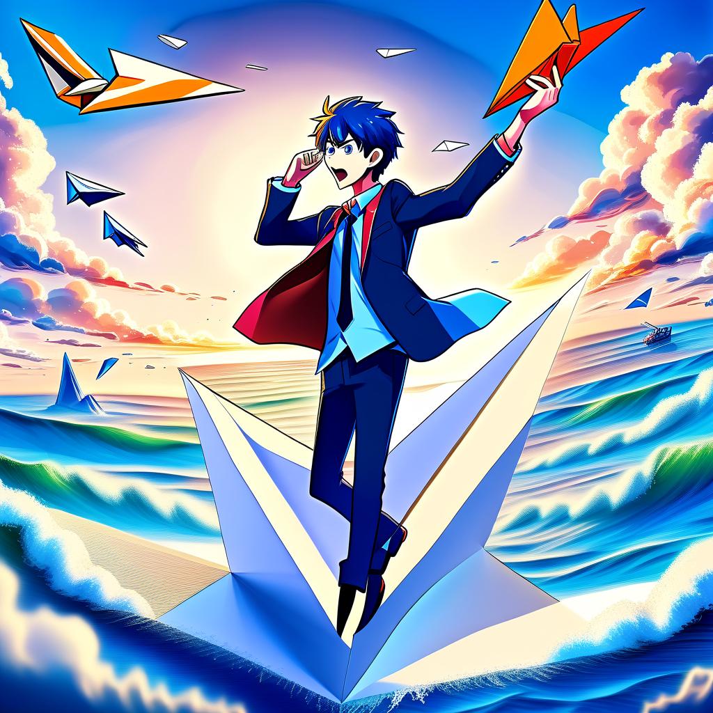  anime artwork man launches paper plane into ocean . anime style, key visual, vibrant, studio anime, highly detailed