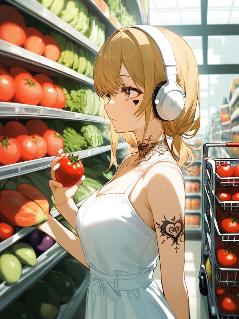  with tomatoes, blond ponytails, white headphones, heart tattoo on their arms, girls wearing white dress dresses, shopping carts, shopping carts, gestures, shopping cart containing eggplant and celery, the upper arm. tattooing, spider web on the neck, headphones, black tattoos, heart shaped tattoo on arms, white headphones, brighter, black tattoo, masterpiece, best quality,8k,ultra detailed,high resolution,an extremely delicate and beautiful,hyper detail