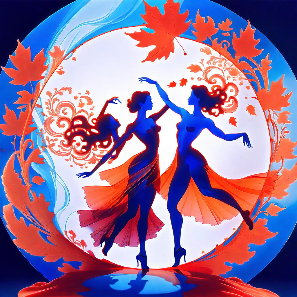  (drawing in red, blue and orange ink, double exposure:1.4). in the center of the circle is the silhouette of a dancing couple. flying maple leaves. (crystal, flowing silk:1.3). ornate, romantic, elegant, refined. rococo style. high detail, high grace and precision of execution., hkmagic, glowneon