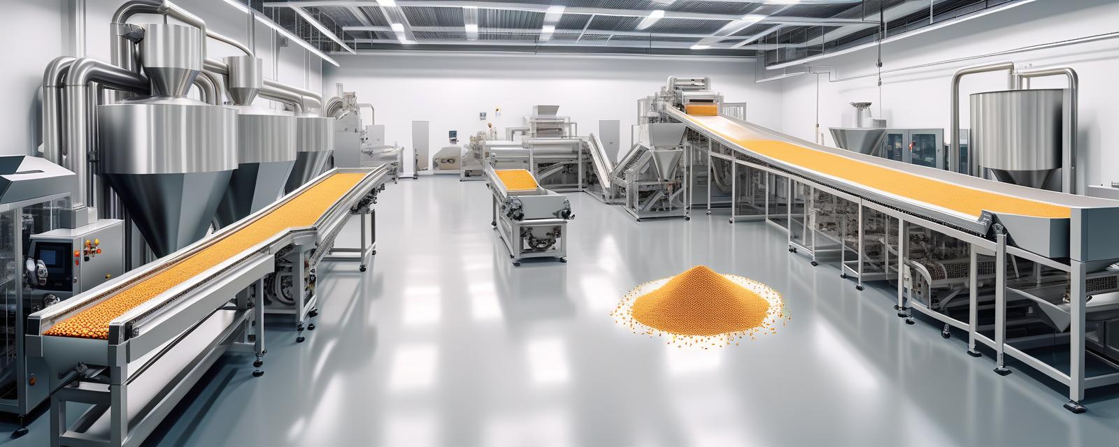  hdr photo of production line at the plant for the production of dry food for cats and dogs. white walls new equipment . high dynamic range, vivid, rich details, clear shadows and highlights, realistic, intense, enhanced contrast, highly detailed, perfect hands