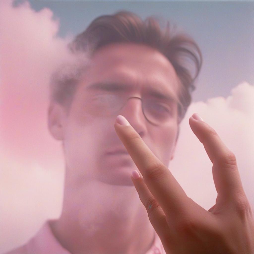  analog film photo the girl's hand touches the man's face, pink and white shades, light fog, clouds in the background, a room in pastel shades. . faded film, desaturated, 35mm photo, grainy, vignette, vintage, kodachrome, lomography, stained, highly detailed, found footage