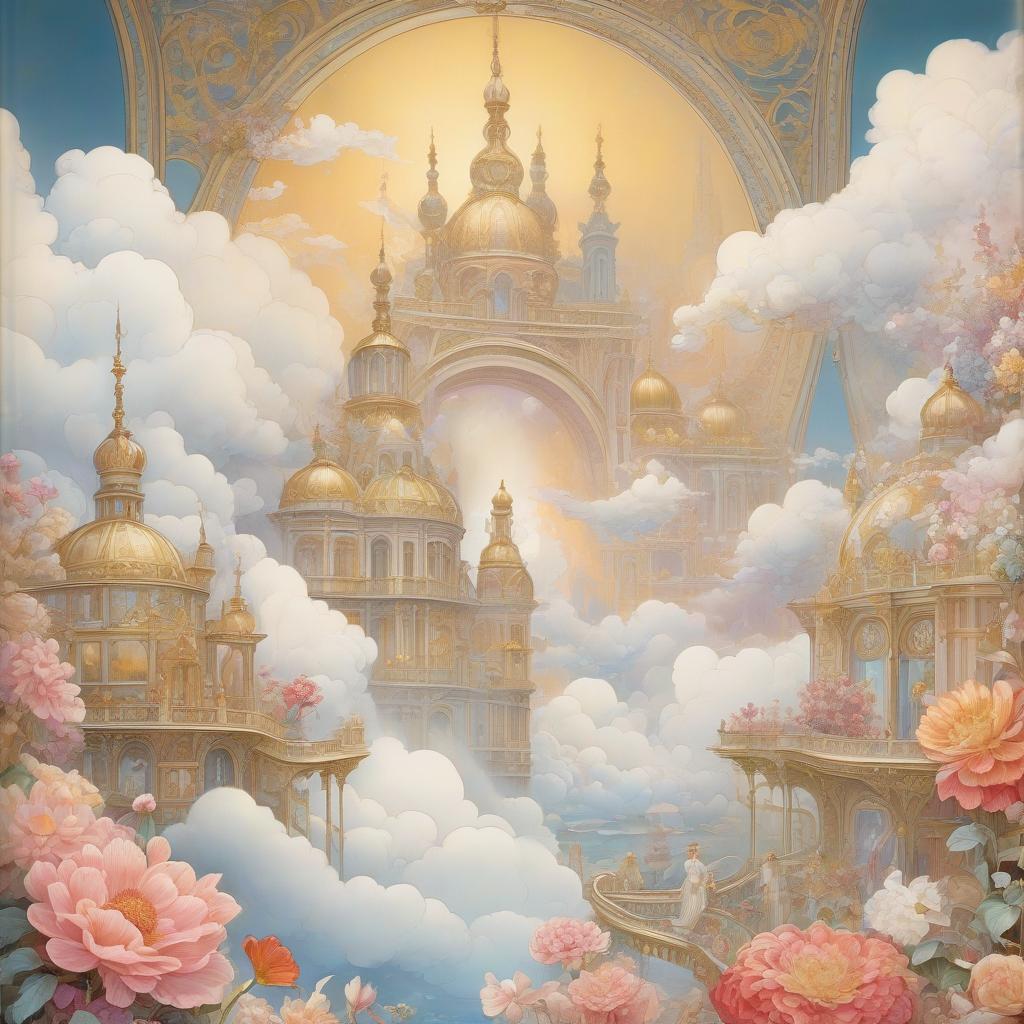  fog city. golden city. a large palace surrounded by clouds. coloring book. flowers. pearls. some multicolored porridge. luminous pearls. alfonso mucha, honoré fargonard, edward gow, andrew jones.