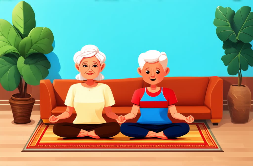  cute old lady and man sitting on the rug and meditating. style flat illustration ar 3:2 {prompt}, maximum details